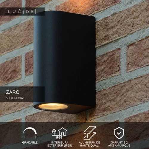 Lucide ZARO - Spot mural / Applique mural Intérieur/Extérieur - 2xGU10 - IP65 - Noir - USP